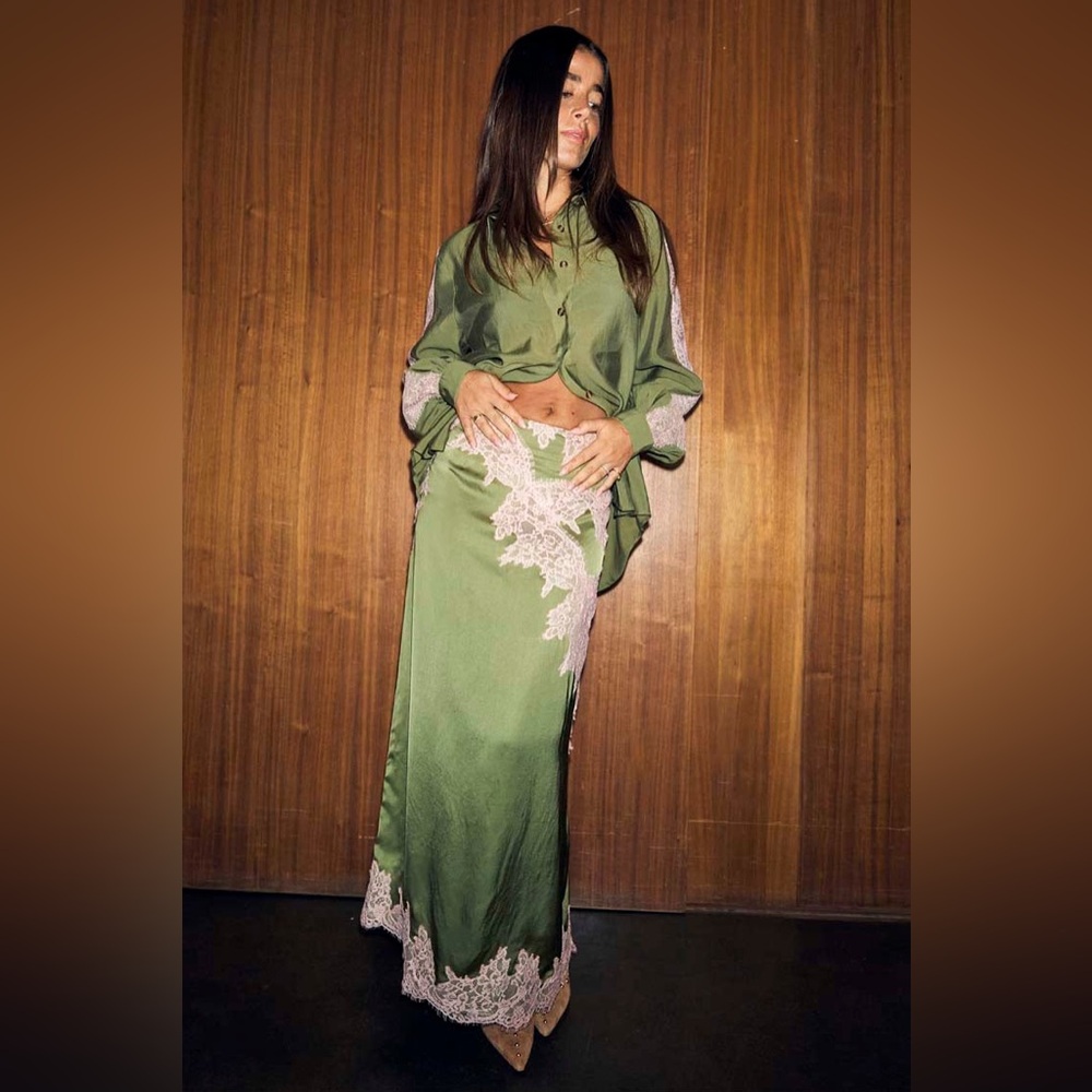 Lace Trim Satin Shirt - Picture 2 of 12